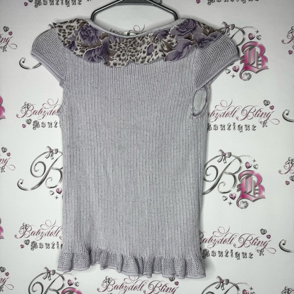 Arte shirt purple cheetah print beaded embroidery ruffle frills stretchy y2k - Picture 12 of 12